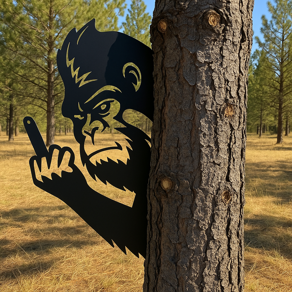 Peek-a-Boo Bigfoot metal sign funny wall art