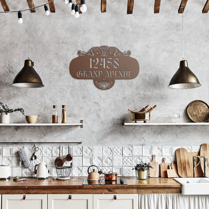 Personalized_Art_Nouveau_metal_address_s_Copper_Rustic_Kitchen_Mockup.png