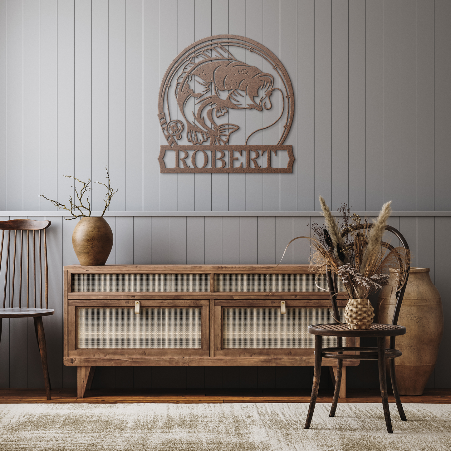 Personalized_Bass_Fish_Metal_Sign__Cu_Copper_Rustic_Hallway_Mockup.png