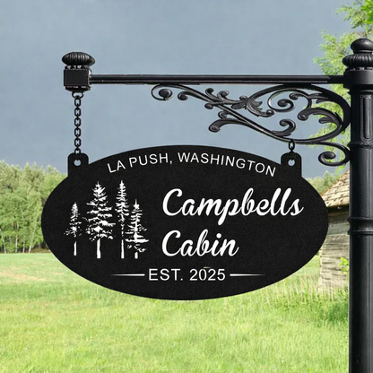 custom oval metal evergreen sign with personalized cabin name