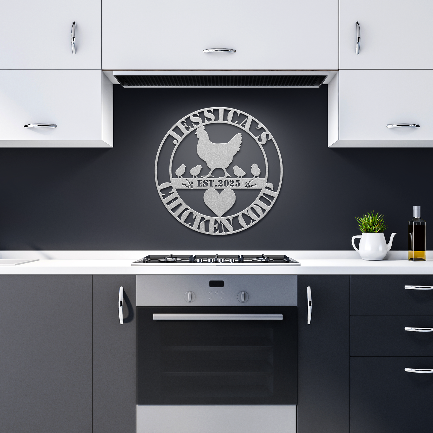 Personalized_Chicken_Coop_Metal_Sign__Silver_Dark_Kitchen_Mockup.png