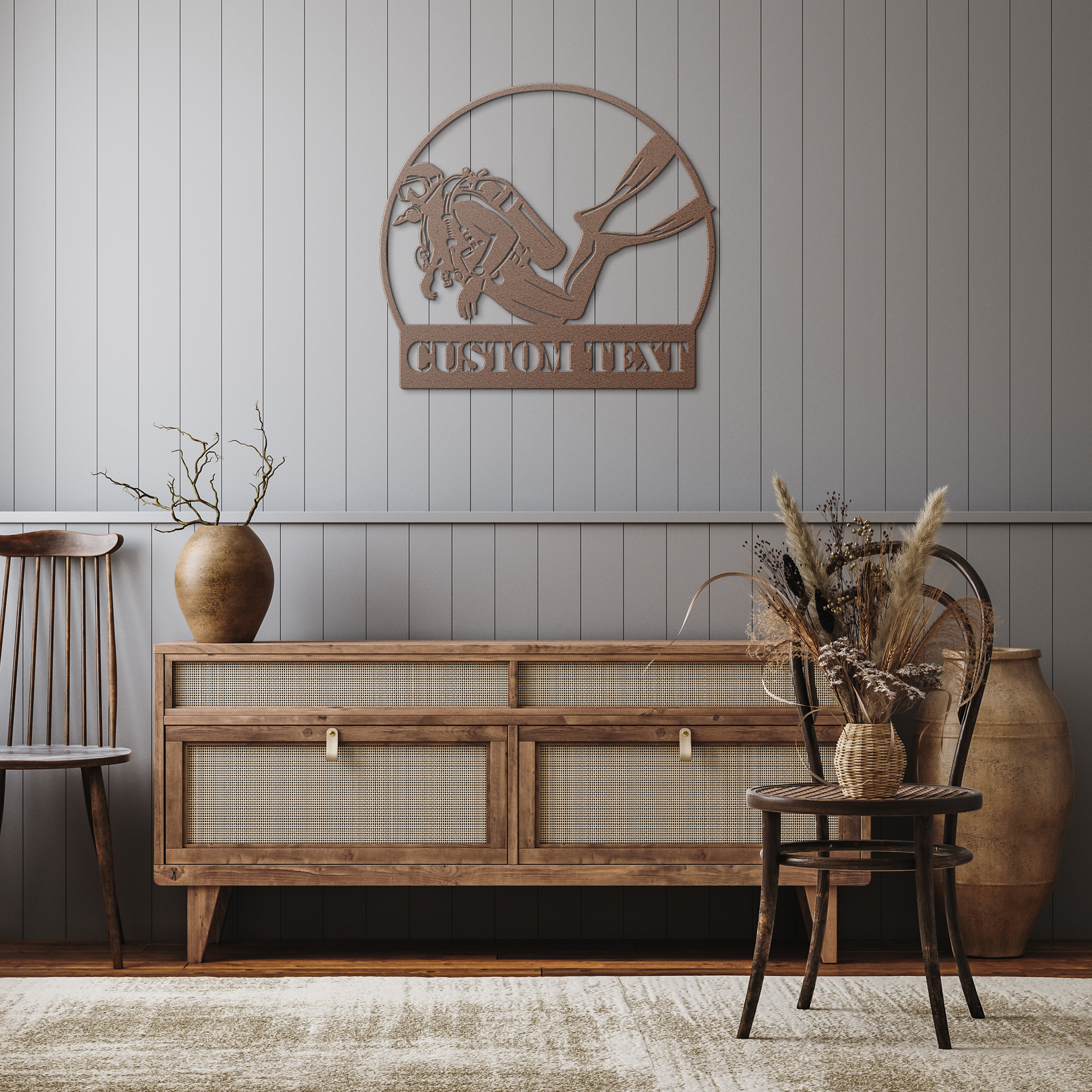 Personalized_Scuba_Diver_Metal_Wall_Art__Copper_Rustic_Hallway_Mockup.png