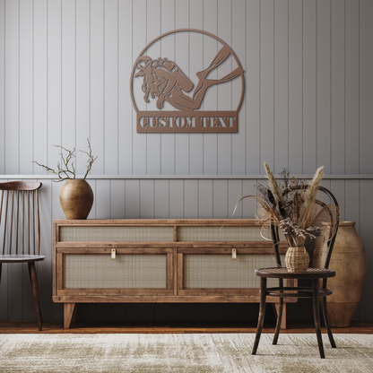 Personalized_Scuba_Diver_Metal_Wall_Art__Copper_Rustic_Hallway_Mockup.png