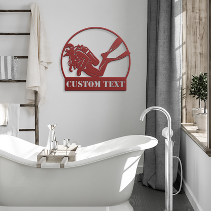 Personalized_Scuba_Diver_Metal_Wall_Art__Red_Modern_Bathroom_Mockup.png