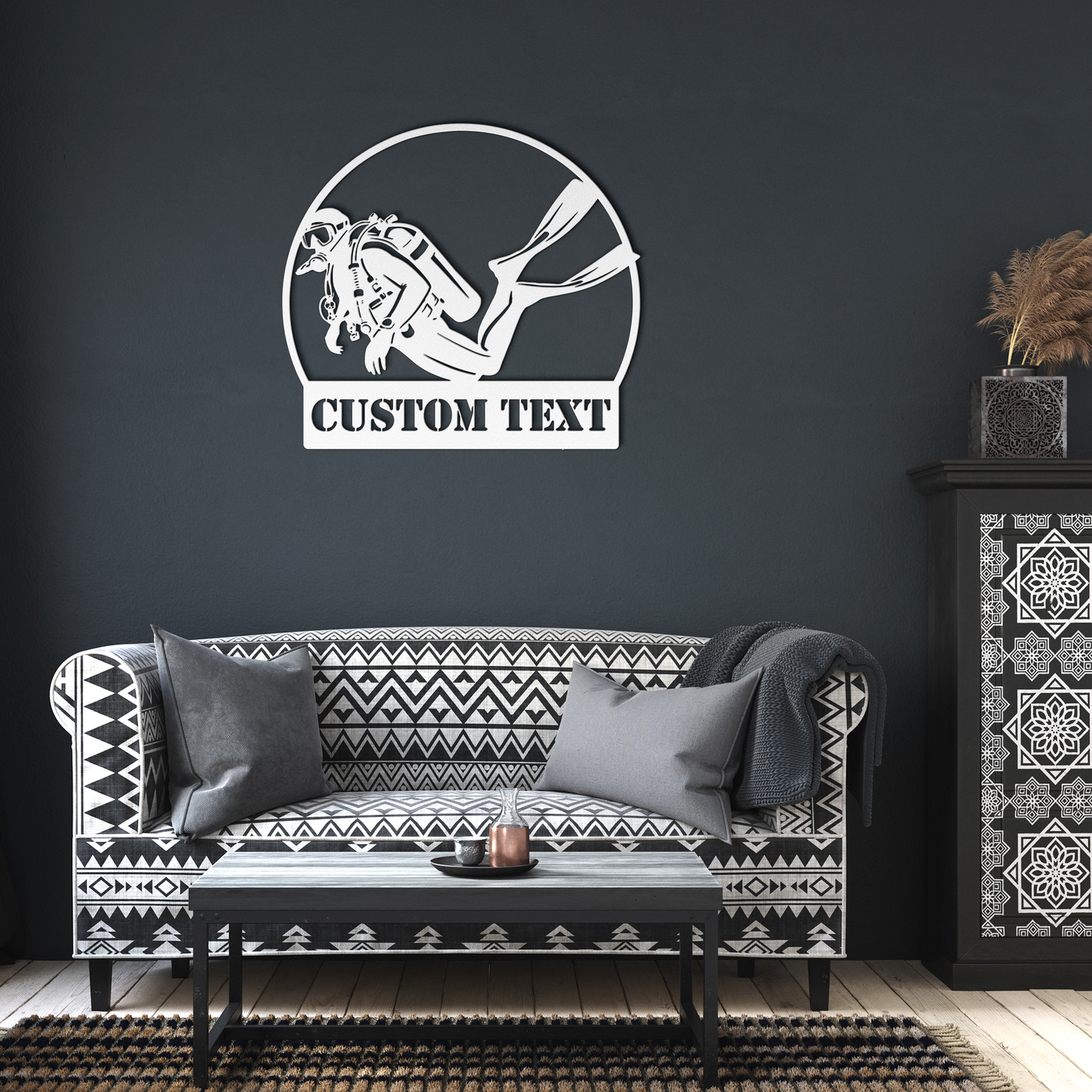 Personalized_Scuba_Diver_Metal_Wall_Art__White_Dark_Living_Room_Mockup.png