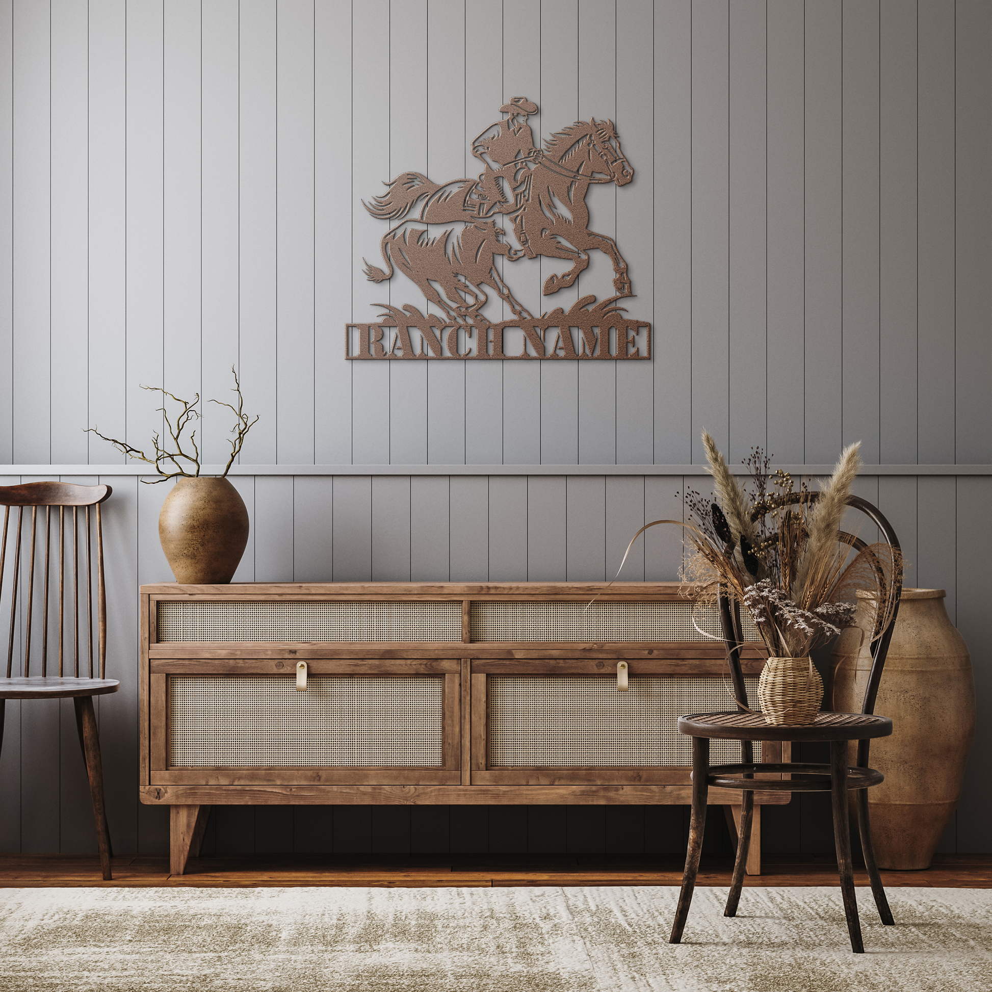 Ranch_Cowboy_Chasing_Cow_Metal_Sign__We_Copper_Rustic_Hallway_Mockup.png