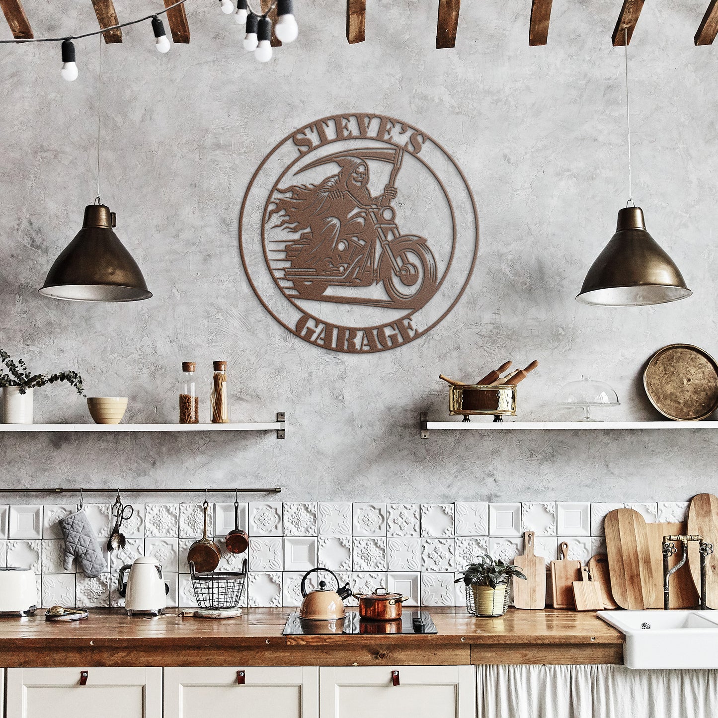 Reaper Riding a Harley Davidson Motorcycle Custom Garage Sign