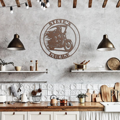 Reaper Riding a Harley Davidson Motorcycle Custom Garage Sign