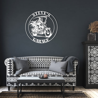 Reaper Riding a Harley Davidson Motorcycle Custom Garage Sign