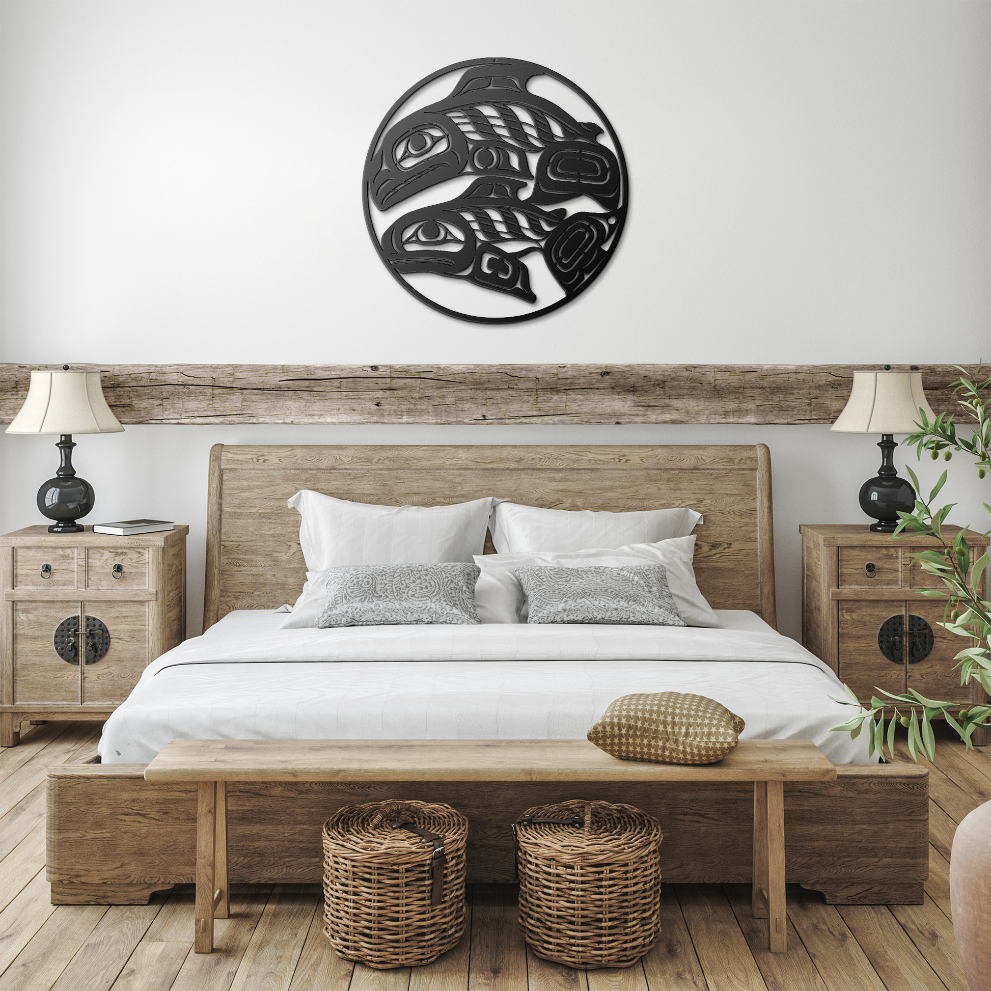 Detail of Indigenous salmon design cut from durable metal