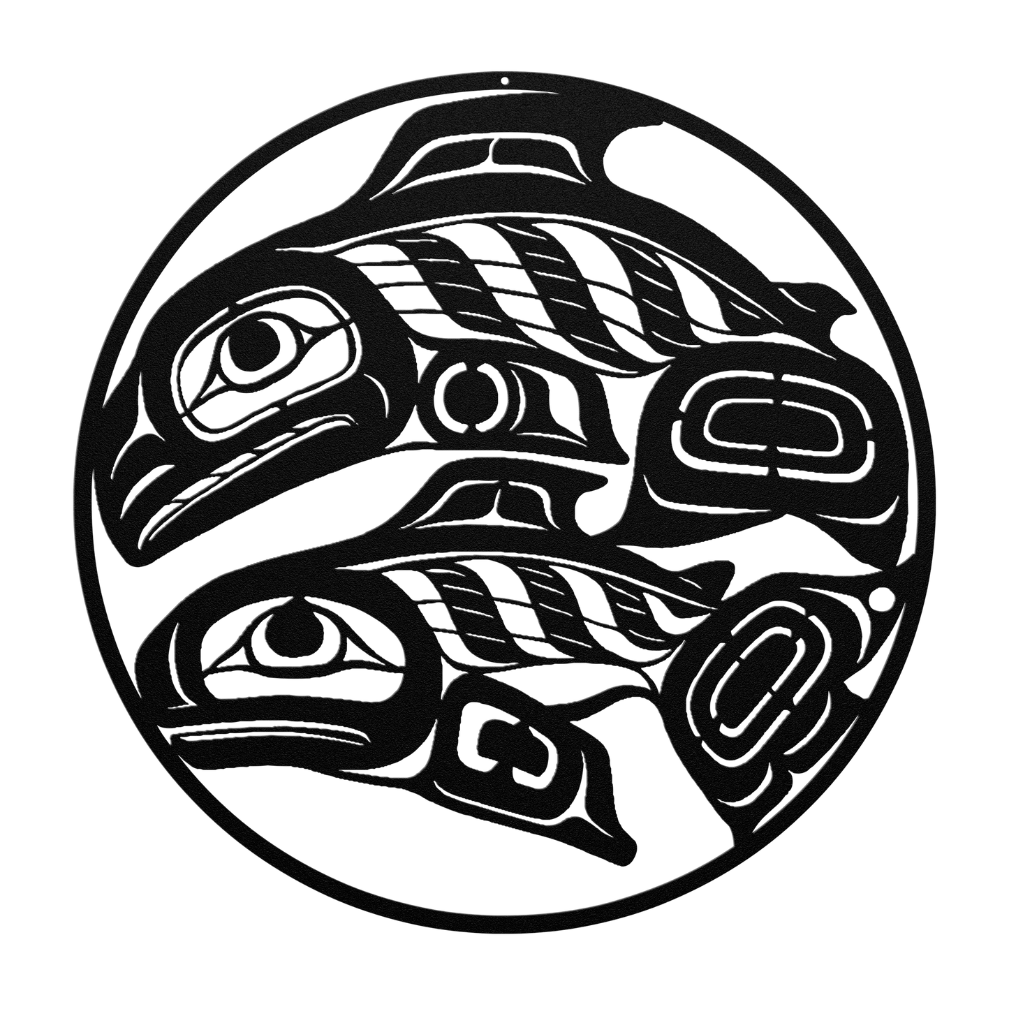 Salmon Tlingit Haida metal wall art in black finish on cedar plank wall