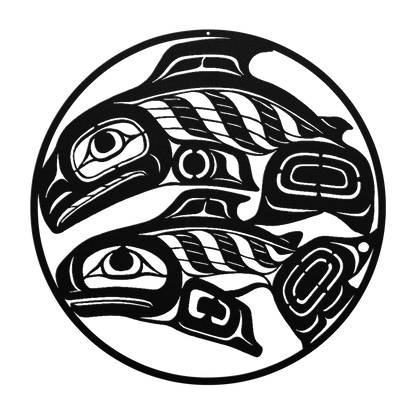 Salmon Tlingit Haida metal wall art in black finish on cedar plank wall