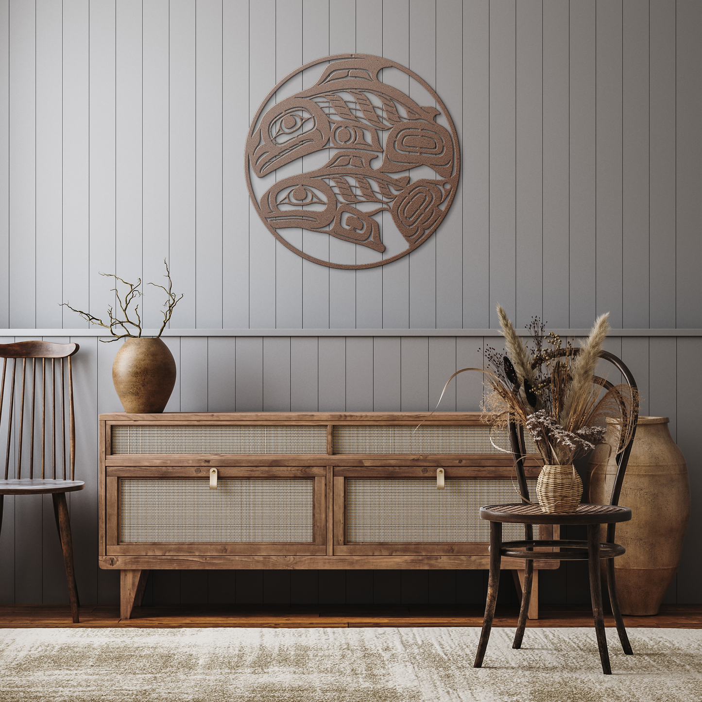 Salmon_Tlingit_Haida_Metal_Sign__Alaska_Copper_Rustic_Hallway_Mockup.png