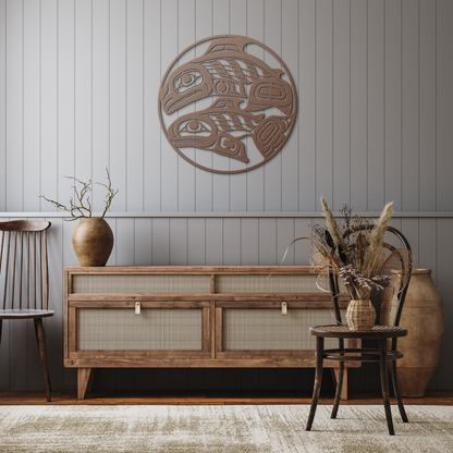 Salmon_Tlingit_Haida_Metal_Sign__Alaska_Copper_Rustic_Hallway_Mockup.png