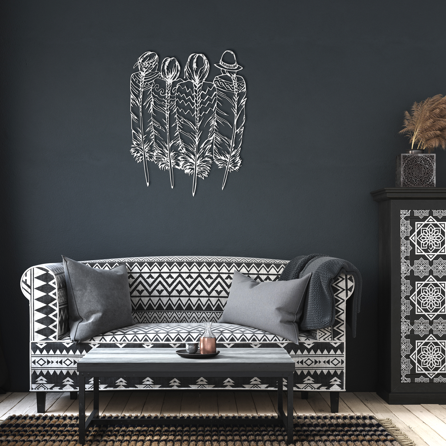 Southwest_Woman_Metal_Wall_Art_Feather_P_White_Dark_Living_Room_Mockup.png_15501173