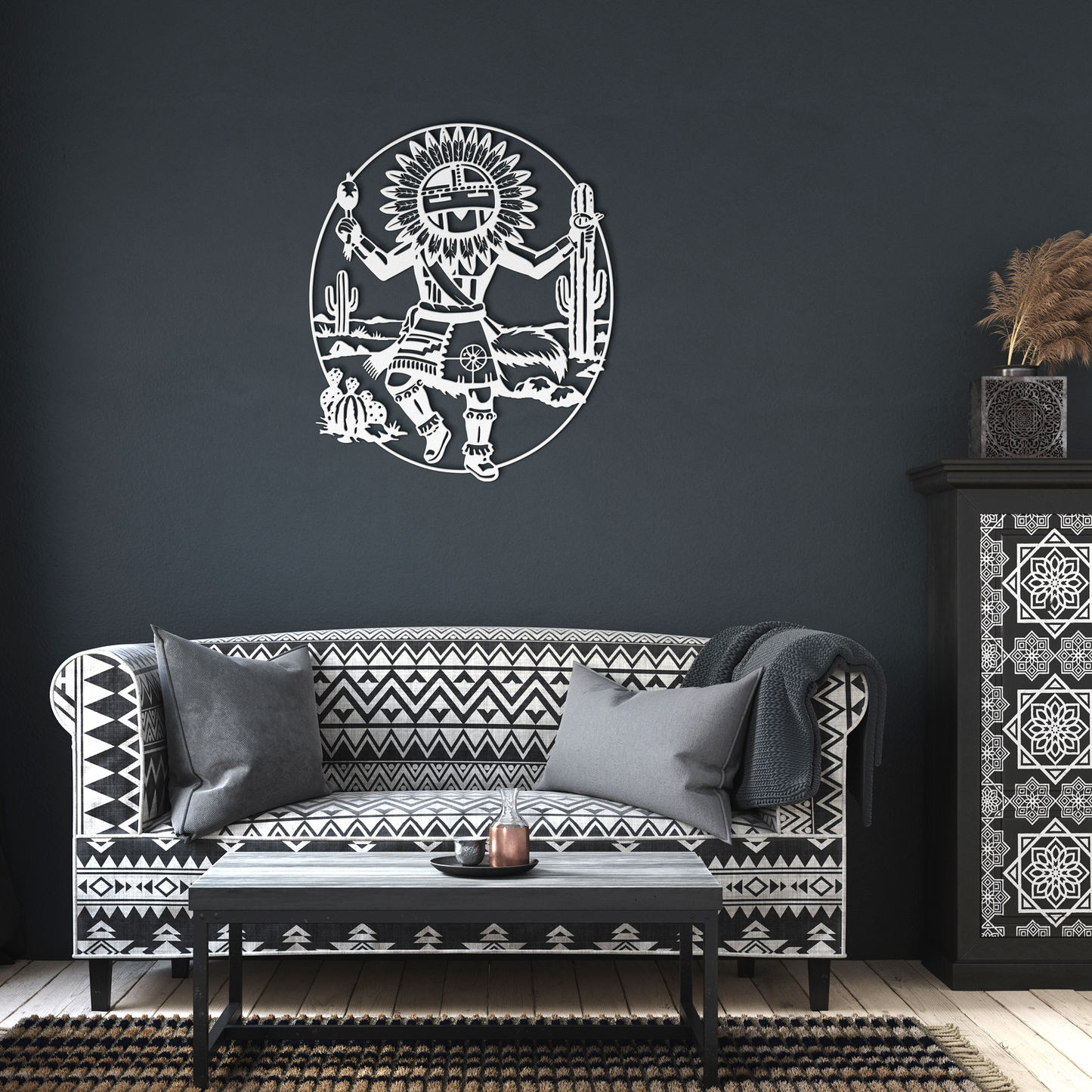 Sun_Kachina_Pueblo_Metal_Wall_Art_Southw_White_Dark_Living_Room_Mockup.png_15409792