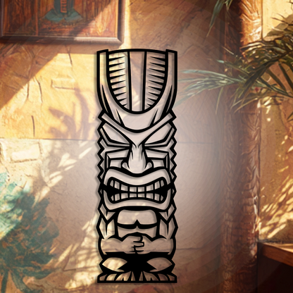 Tiki mask wall art in a tropical setting with plants and warm lighting.