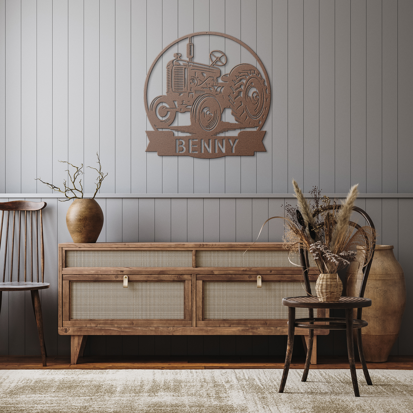 Tractor_Family_Name_Metal_Sign__Custo_Copper_Rustic_Hallway_Mockup.png