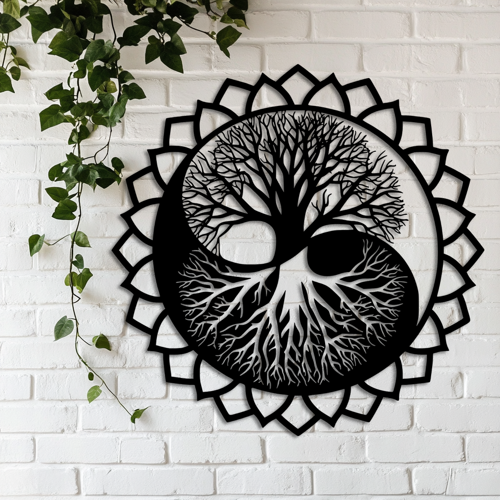 Decorative wall art with a tree design inside a mandala on a white brick wall.