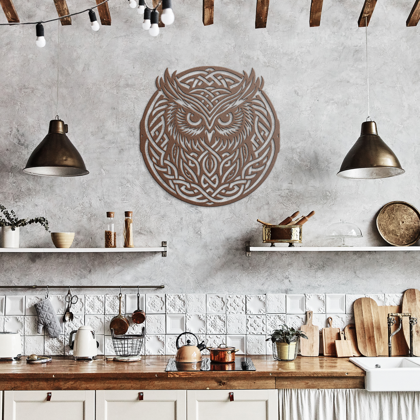 Tribal_Celtic_Knot_Owl_Metal_Sign__Cust_Copper_Rustic_Kitchen_Mockup.png