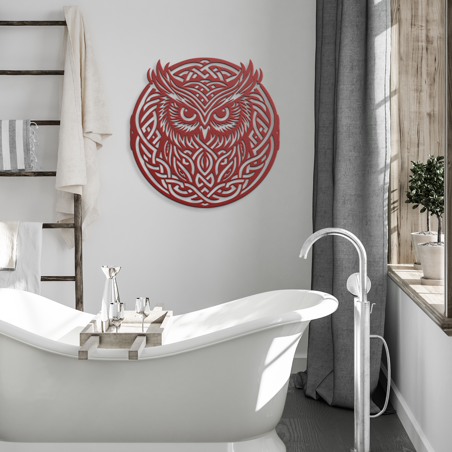 Tribal_Celtic_Knot_Owl_Metal_Sign__Cust_Red_Modern_Bathroom_Mockup.png
