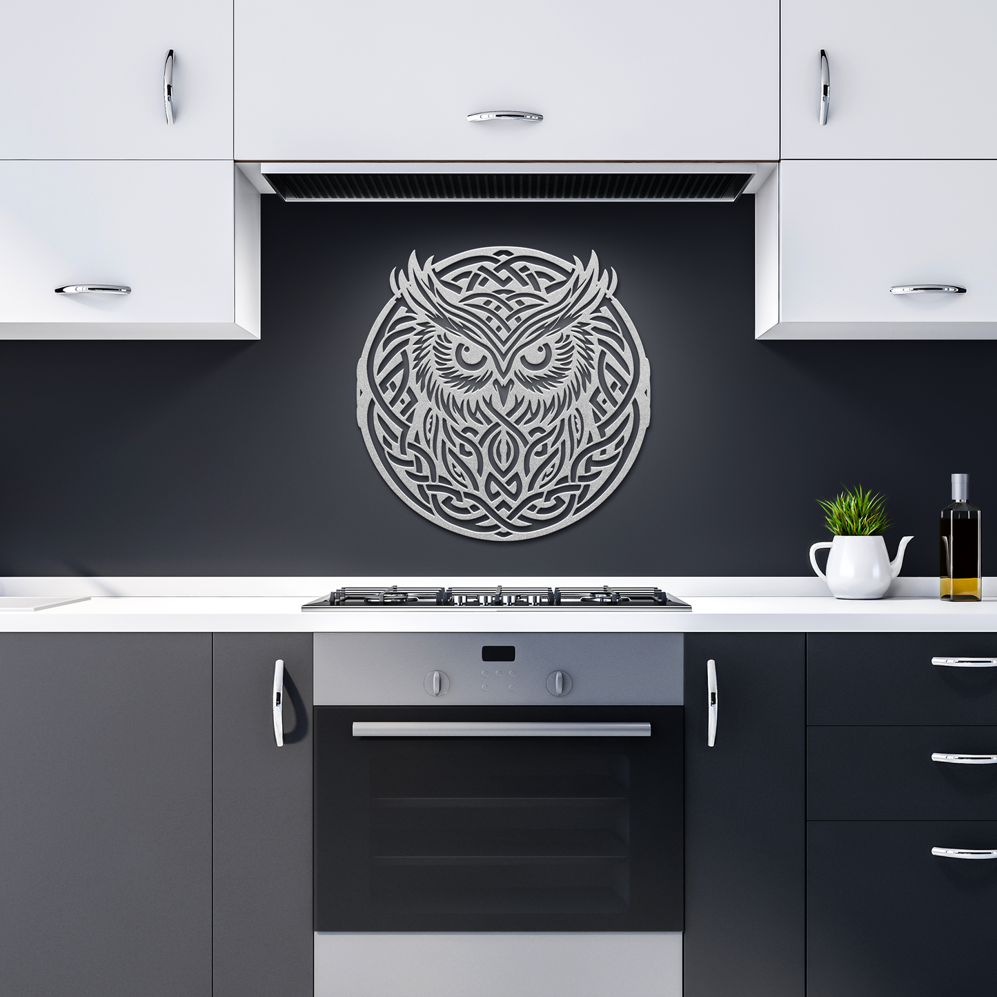 Tribal_Celtic_Knot_Owl_Metal_Sign__Cust_Silver_Dark_Kitchen_Mockup.png