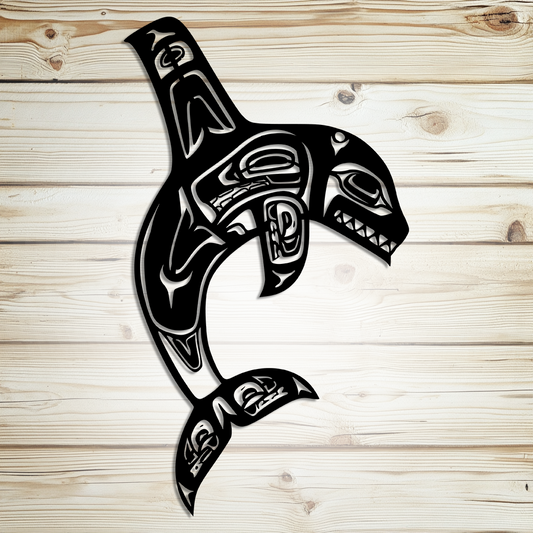 Northwest tribal orca totem pole metal wall art