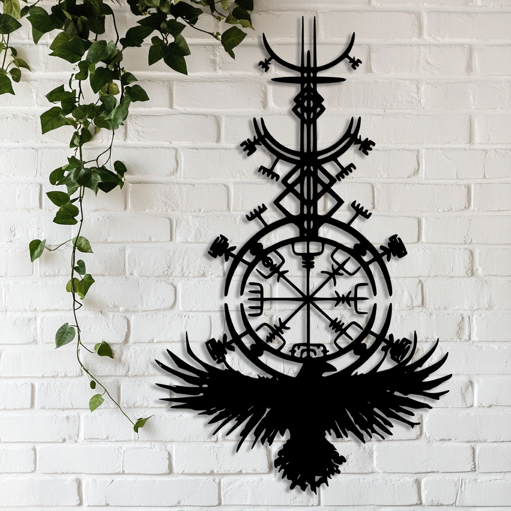 Norse mythology raven and compass metal sign