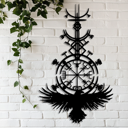 Norse mythology raven and compass metal sign