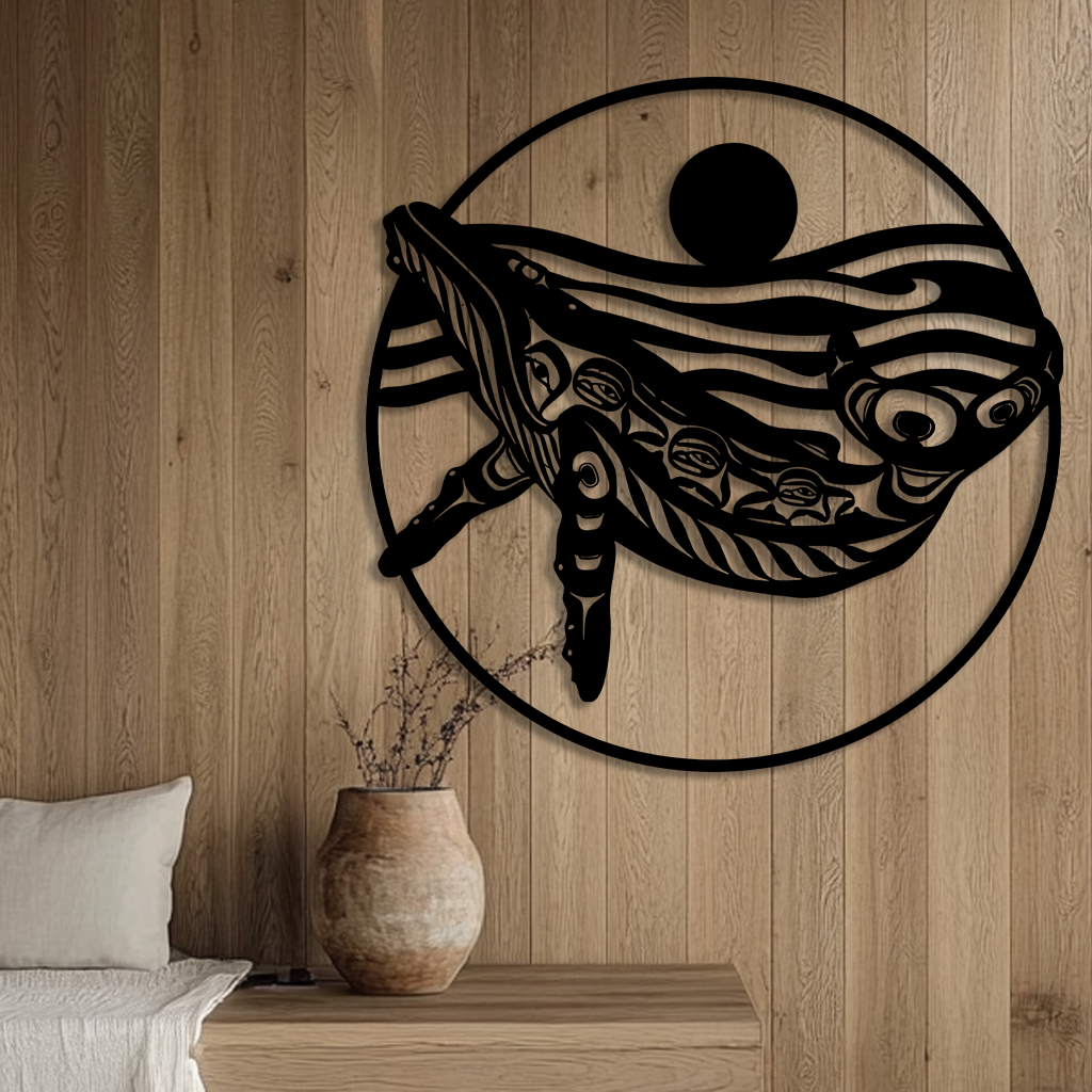 Tribal humpback whale metal wall sign