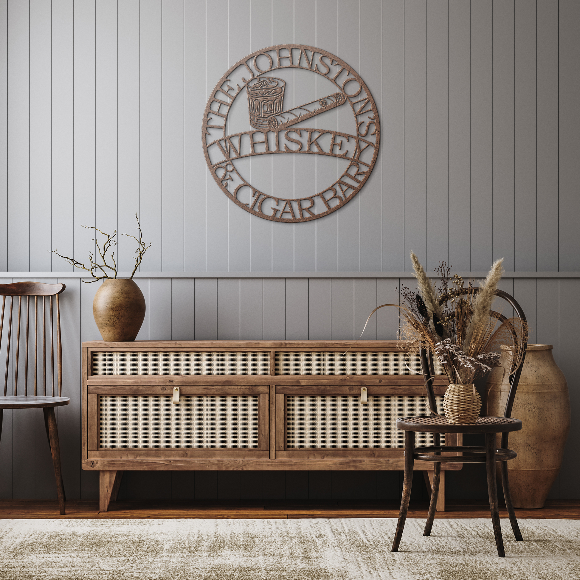 Whiskey_and_Cigar_Bar_Metal_Sign__Cus_Copper_Rustic_Hallway_Mockup.png