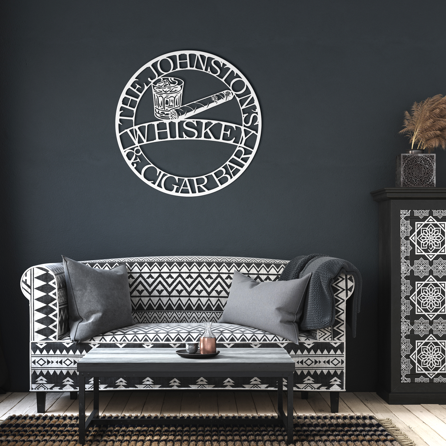 Whiskey_and_Cigar_Bar_Metal_Sign__Cus_White_Dark_Living_Room_Mockup.png