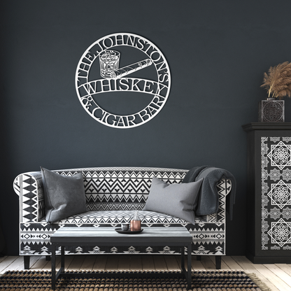 Whiskey_and_Cigar_Bar_Metal_Sign__Cus_White_Dark_Living_Room_Mockup.png