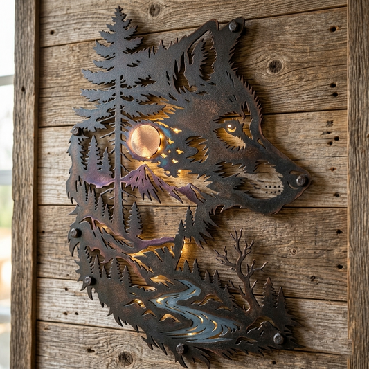 Copper wolf head tree metal wall art warm tone color variant
