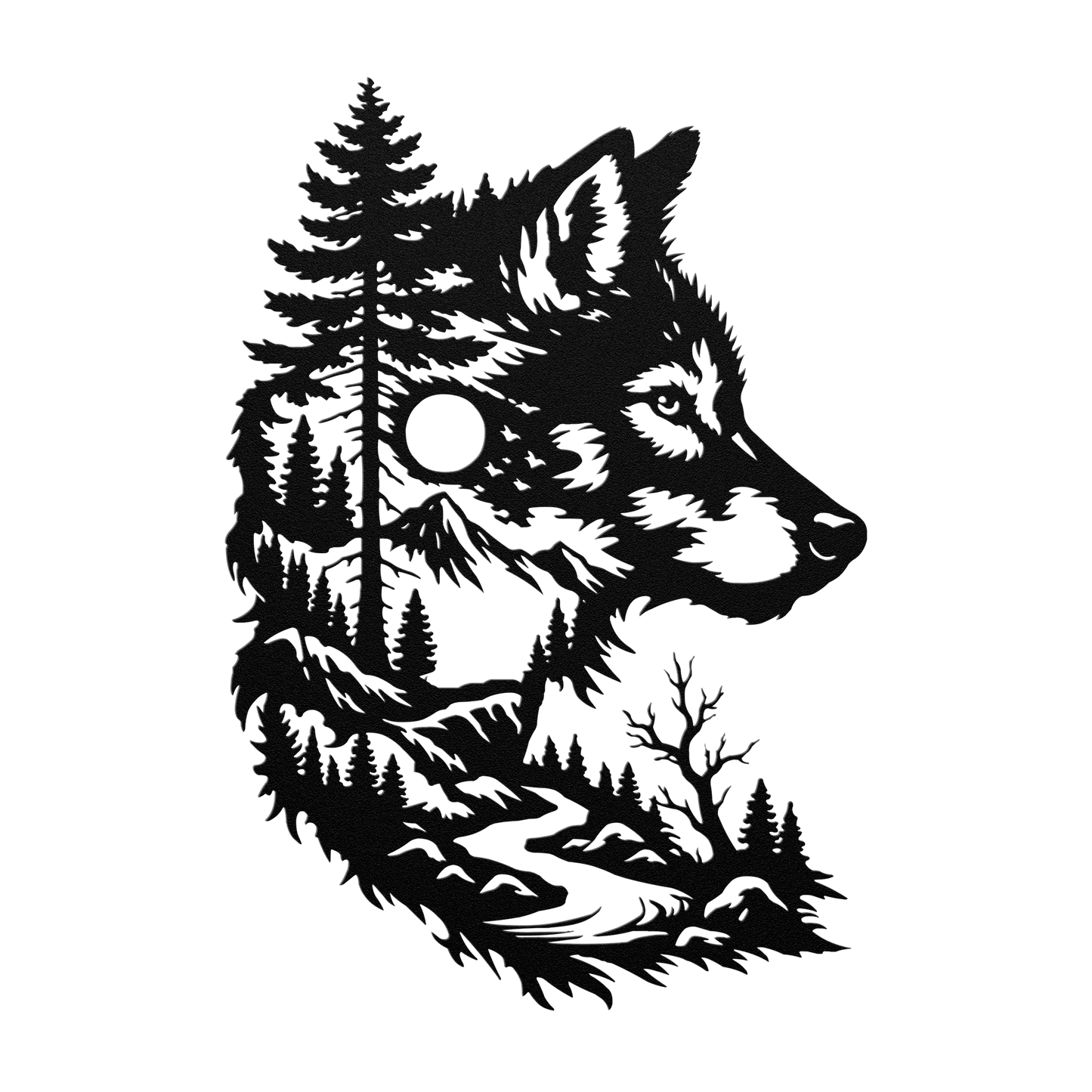 Wolf head metal wall art hanging in man cave dark interior setting