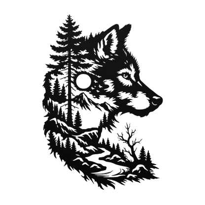 Wolf head metal wall art hanging in man cave dark interior setting