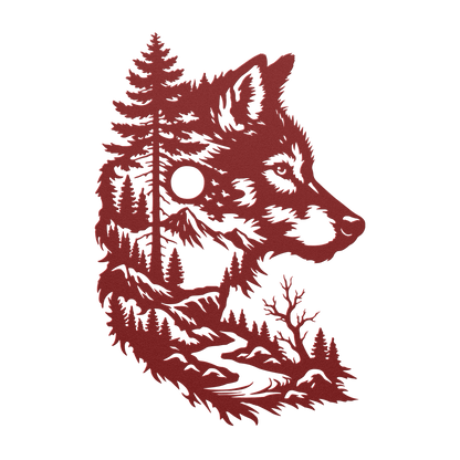 Close-up laser-cut wolf head tree detail powder coat finish edge
